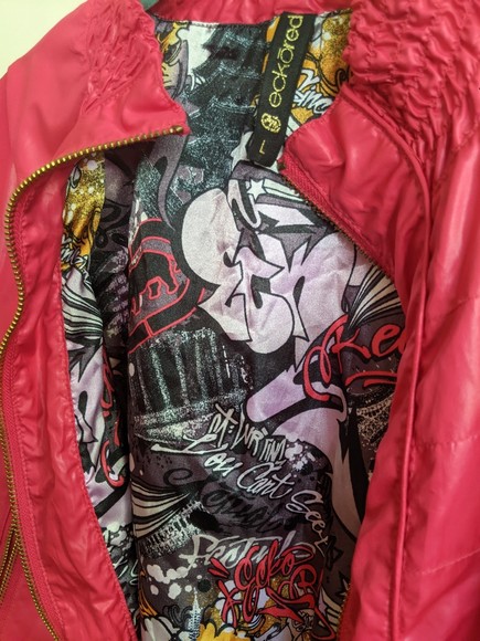 ecko red puffer jacket, half sleeve, lg. graffiti art. urban 90s, y2k hip hop. - Picture 3 of 12